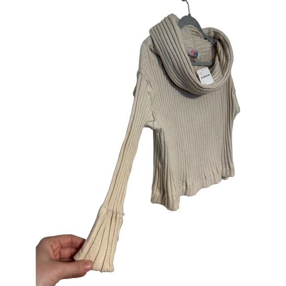 NWT Free People Beach 100% Cotton Stevie Pullover Cream Ribbed Off Shoulder - Picture 5 of 7